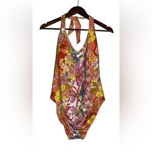 Sanctuary Reversible Floral Print‎ Halter One Piece Swimsuit Women L NWT